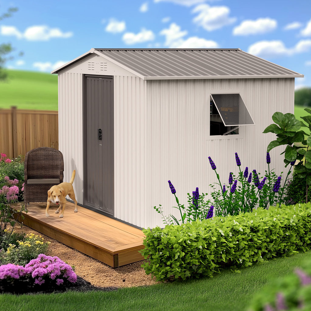6x8 Outdoor Steel Storage Sheds, Metal Tool Outdoor Shed with Windows& Air Vent&Gloves,for Backyard,Garden,Lawn,Creamy White