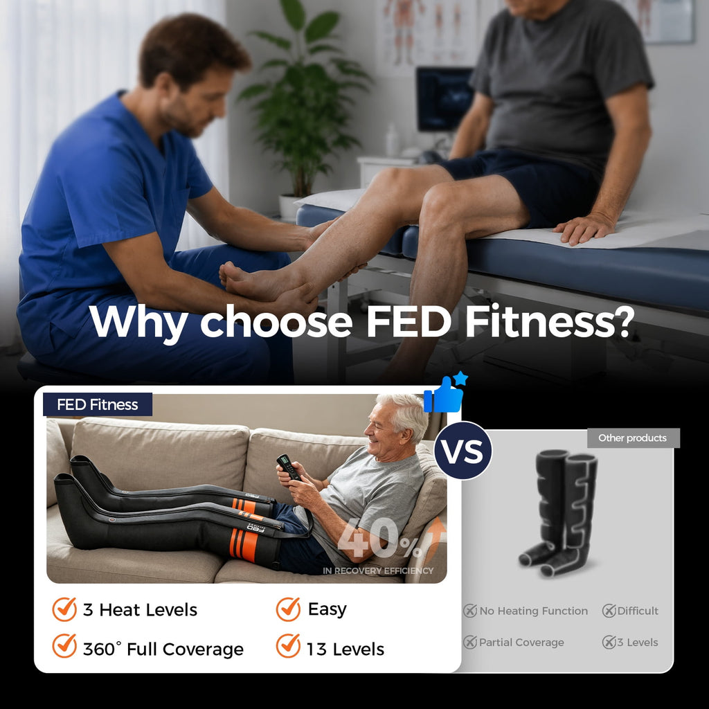 FED Fitness Compression Boots, 6 Modes & 13 Levels , 3 Timing&Heat, 5 Airbags 360° Coverage, Adjustable with Washable Liner for Leg Massage, m Size