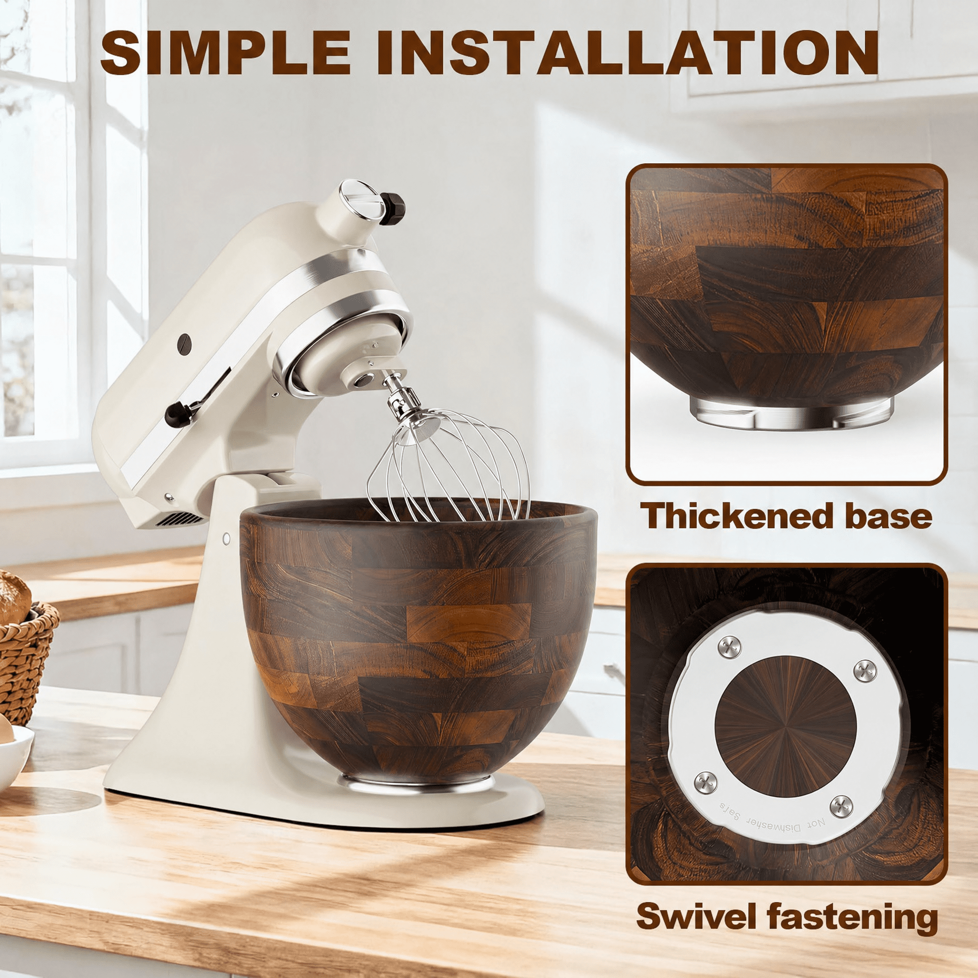 TOCOKEID 5 Qt Premium Natural Acacia Wood Mixer Bowl Attachment for KitchenAid 4.5-5 Qt Tilt-Head Stand Mixers