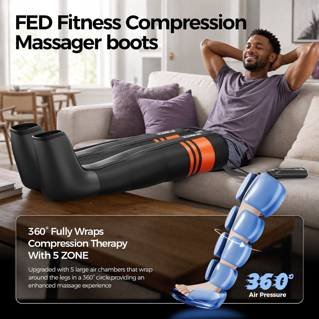 FED Fitness Compression Boots, 6 Modes & 13 Levels , 3 Timing&Heat, 5 Airbags 360° Coverage, Adjustable with Washable Liner for Leg Massage, m Size